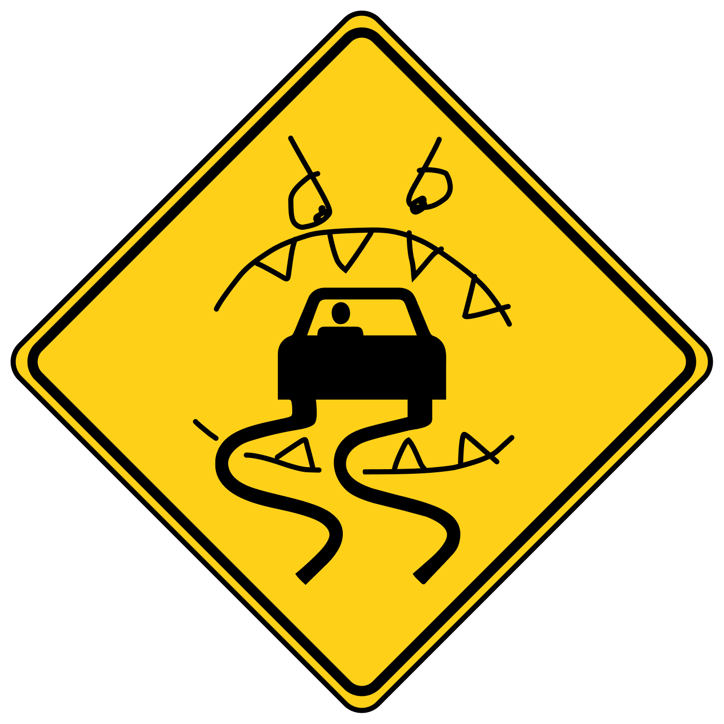 Curvy A diamond-shaped, yellow street sign showing a black car outline with swerve marks coming from the tires with a hand-sketched angry eyes and sharp toothed mouth around the car.